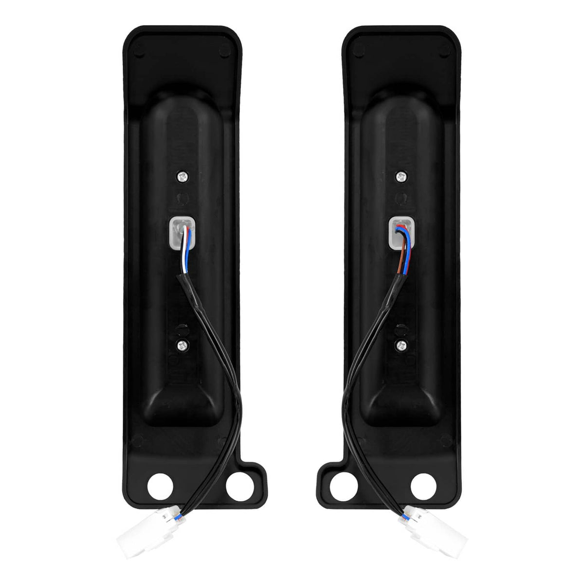 Black LED saddlebag filler lights with wiring leads and two mounting holes (pair).