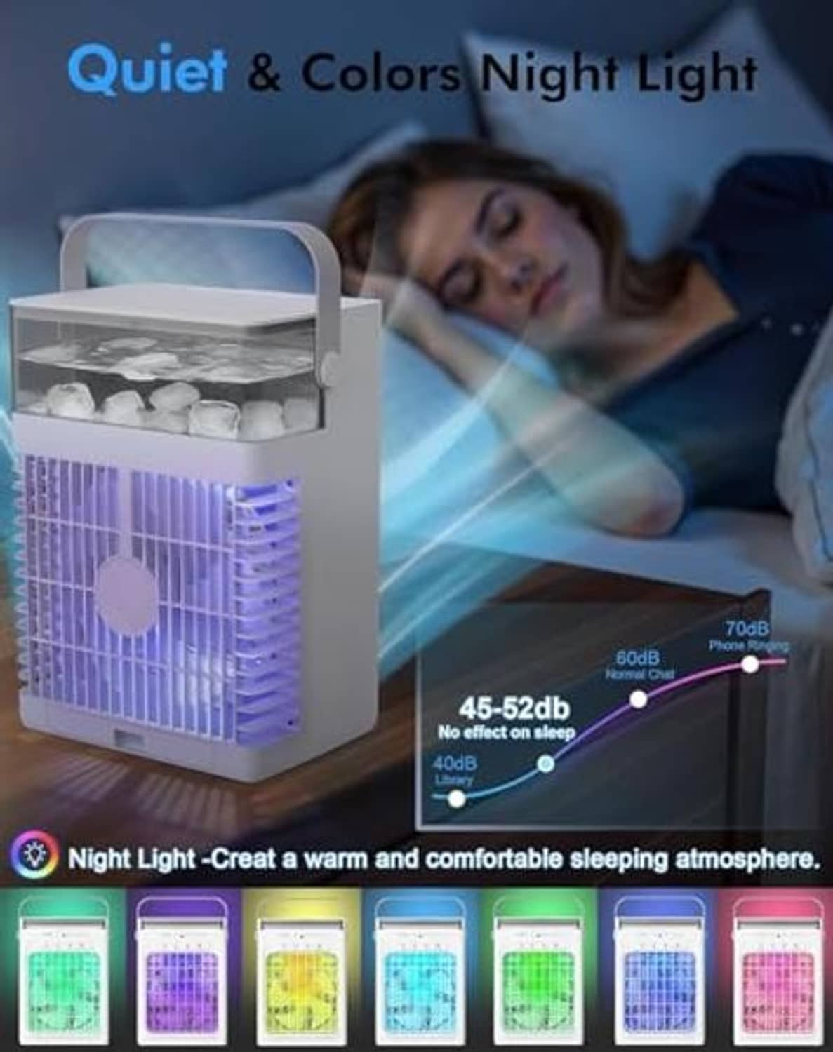 Gray evaporative mini AC cooler with glowing color night light through front grille