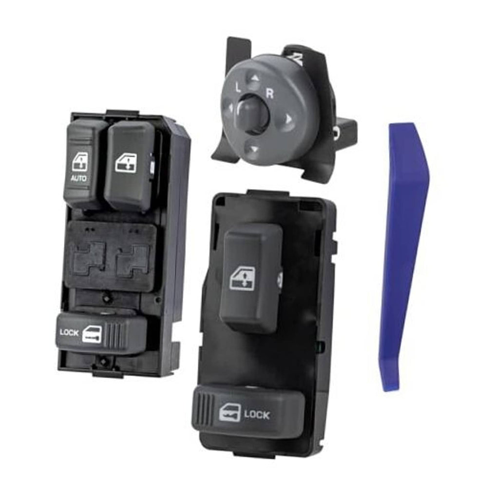Power window switch and mirror control panel with lock buttons and R/L selector