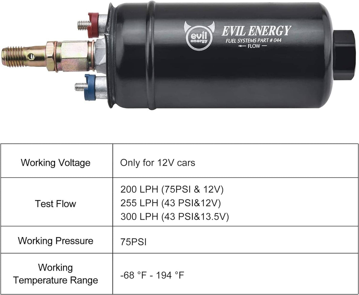 Evil Energy external inline electric fuel pump with metal inlet fitting and ports