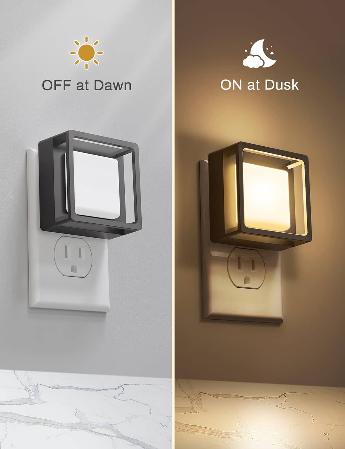 Wall plug-in LED night lights, square frame, off and dusk-on glow