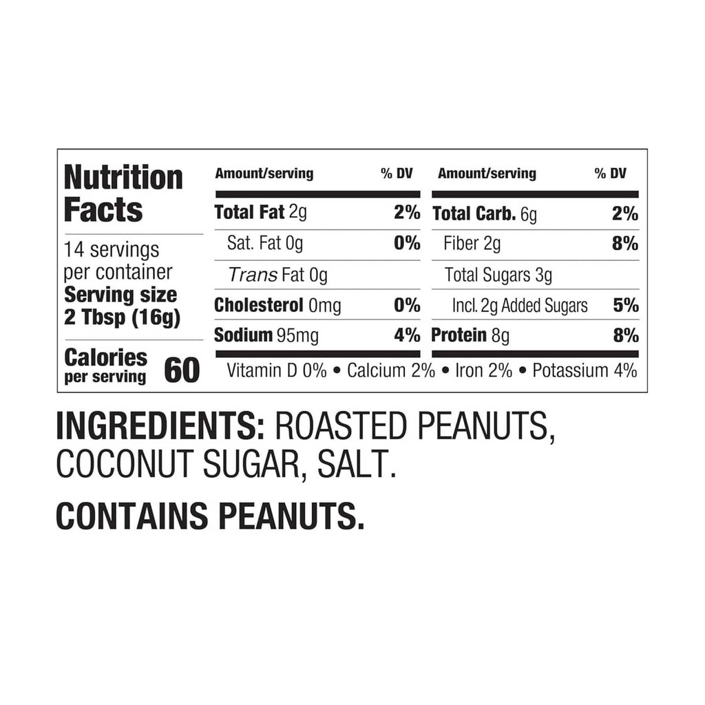 Nutrition facts and ingredients label for roasted peanut butter powder