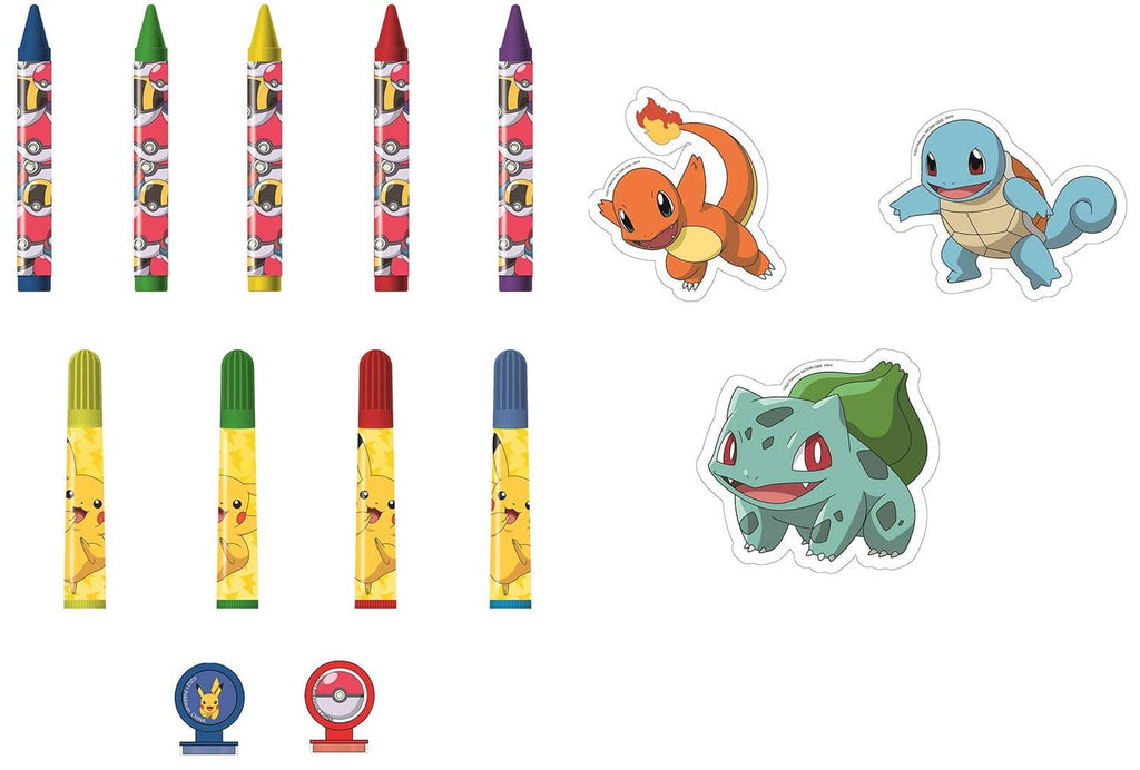 Art supplies set with colored markers, crayons, and character sticker cutouts