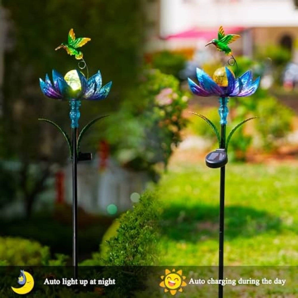 Solar wind spinner set of two with green hummingbirds and blue-purple flowers on stakes