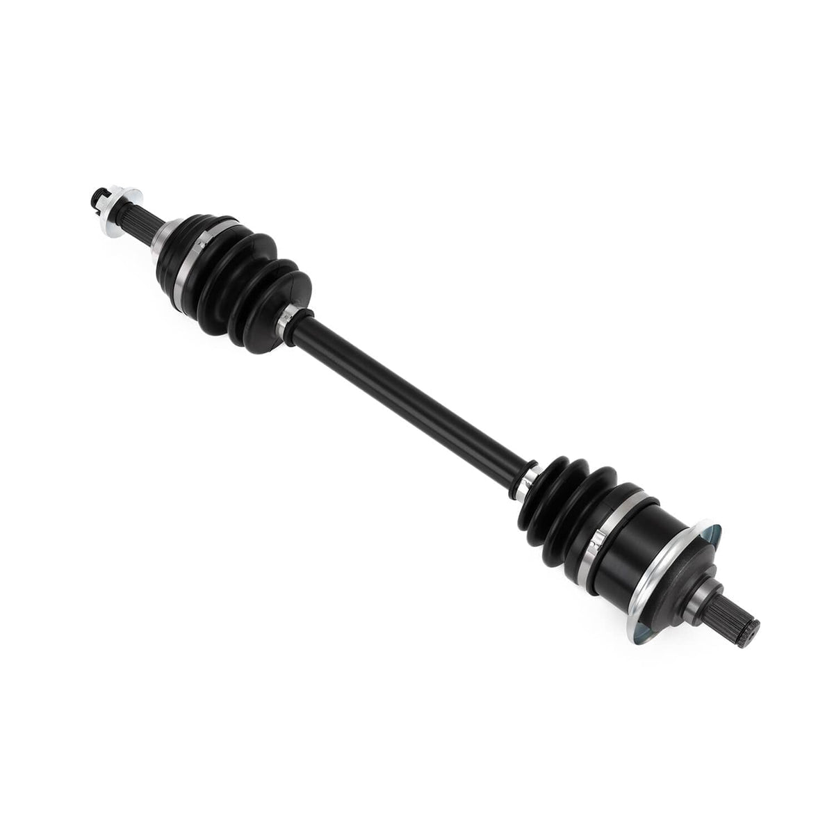 CV joint axle with black boots and silver retaining ring, angled side view