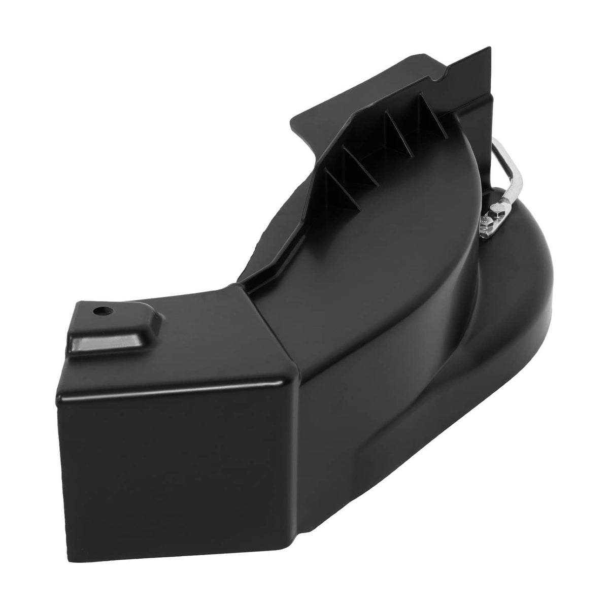 Black mulching discharge cover, angled view showing vented top section and latch bracket