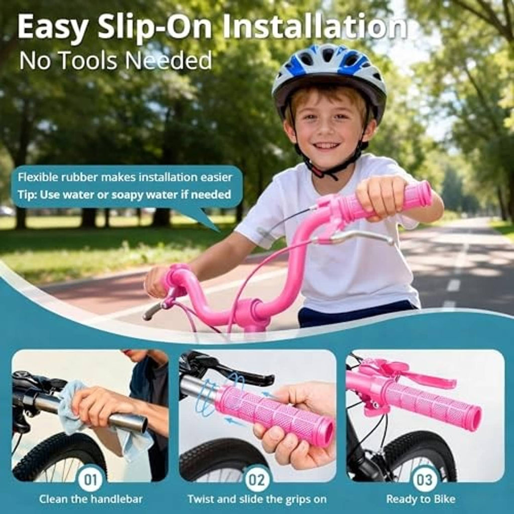 Child holding a pink bicycle with rubber handlebar grips, textured pattern