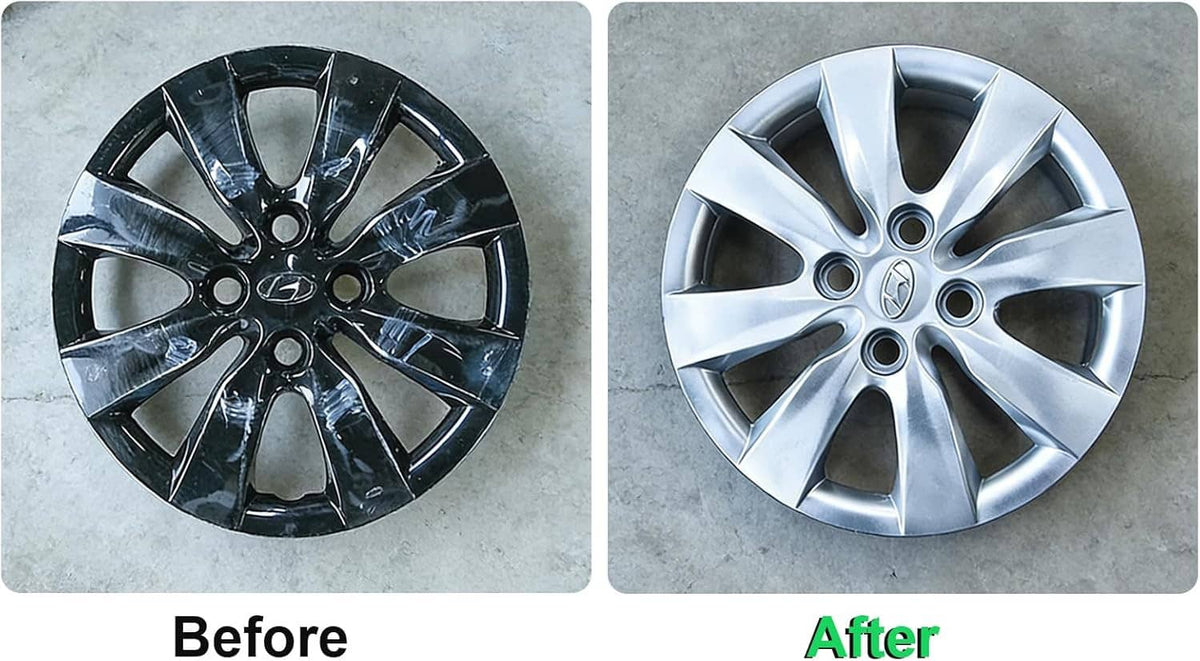 Car rims shown before and after: dark wheel finish and lighter silver finish