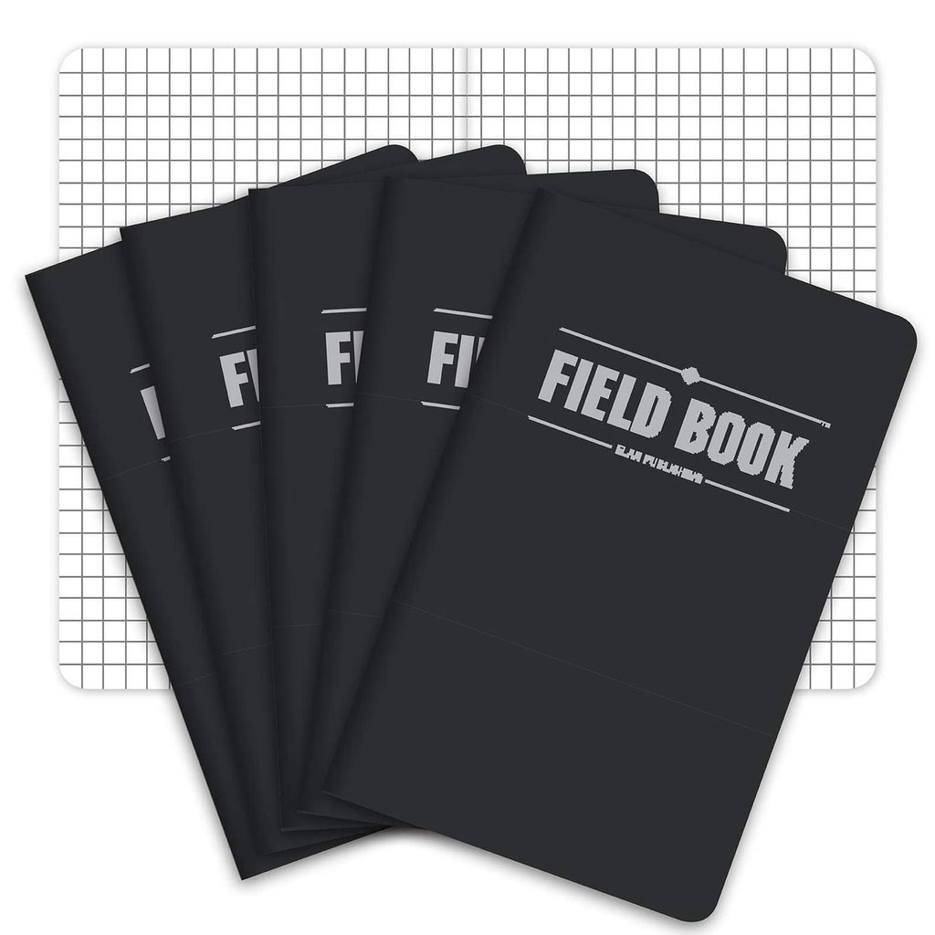 Five black FIELD BOOK notebooks with FIELD BOOK logo, stacked