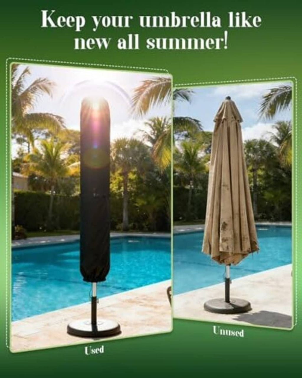 Black umbrella cover shown open and closed on an outdoor stand