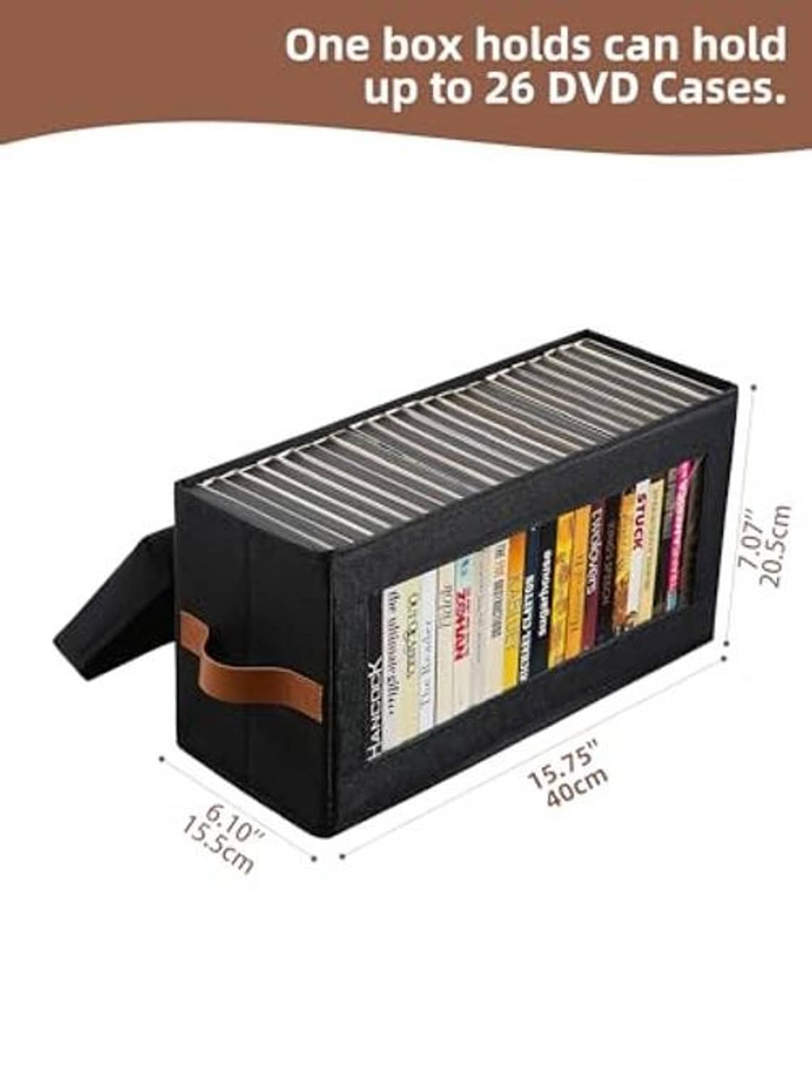 Black fabric DVD storage box with clear window and flip lid; side dimensions