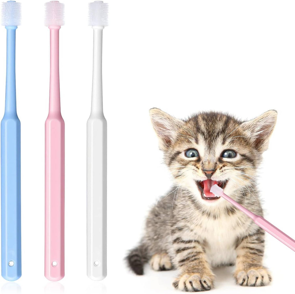 Small pink silicone pet toothbrush with soft bristles held by a kitten