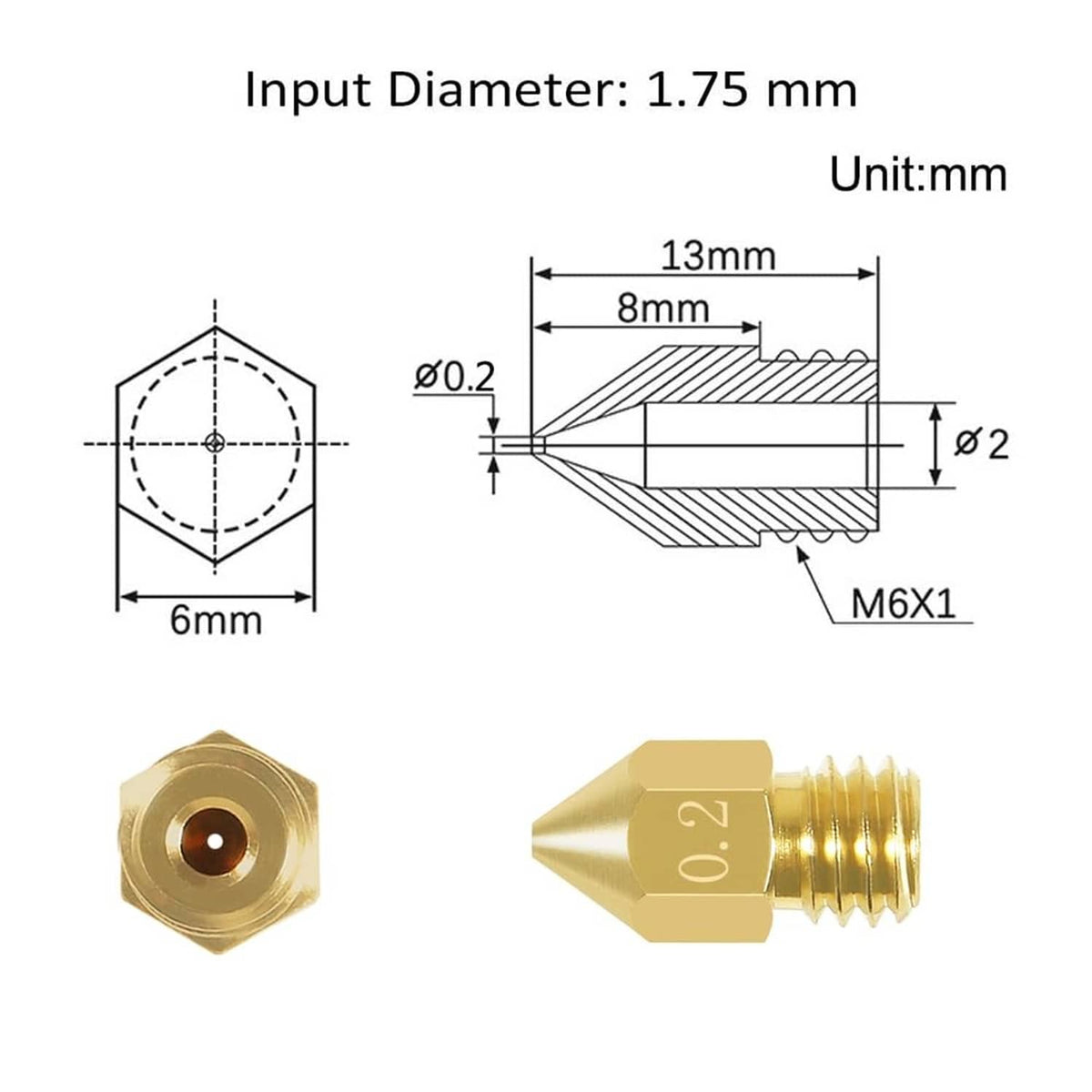 0.2mm MK8 brass extruder nozzle with M6x1 thread, cutaway dimension view