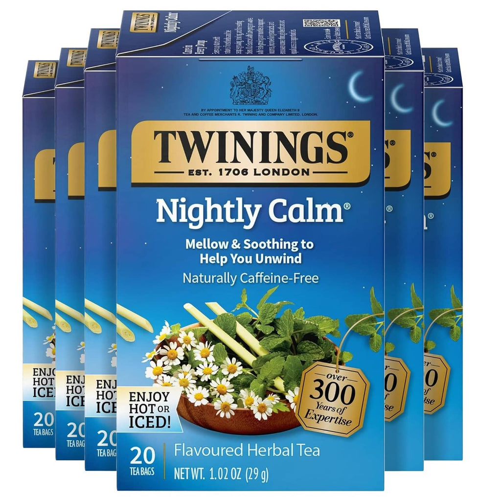 Twinings Nightly Calm herbal tea box with tea bags, naturally caffeine-free