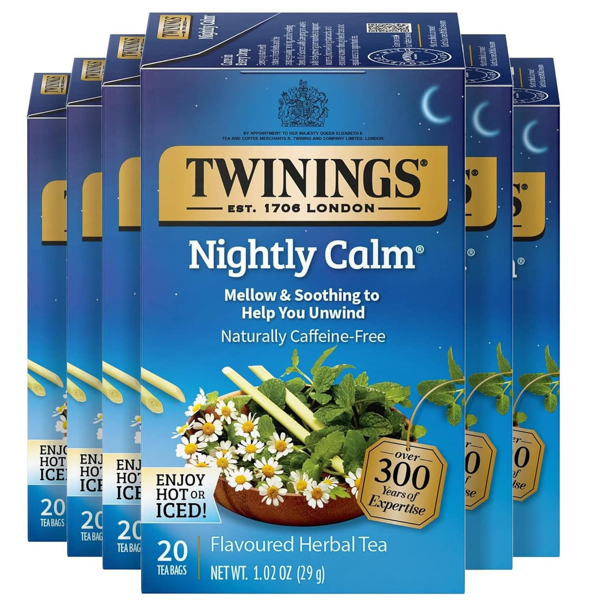 Twinings Nightly Calm herbal tea box with tea bags, naturally caffeine-free