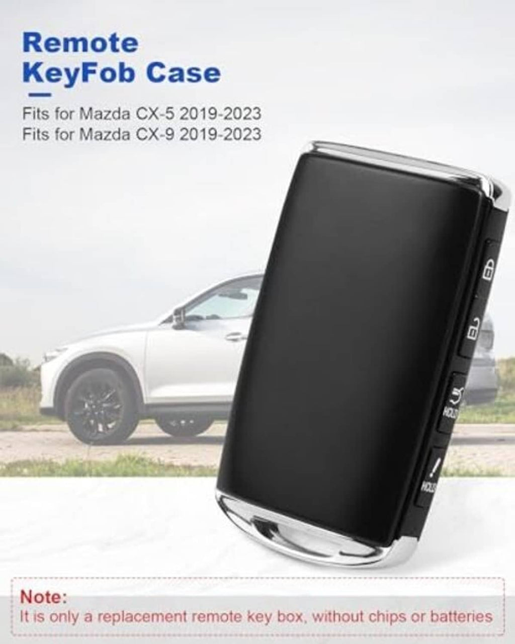 Black remote key fob case shell with chrome bumper, upright front view