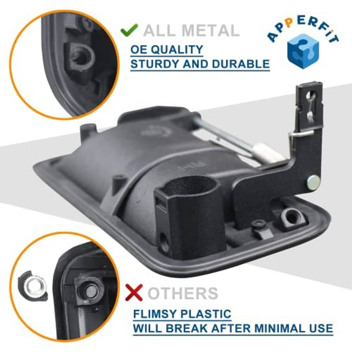 Black all-metal exterior door handle housing with metal spring linkage