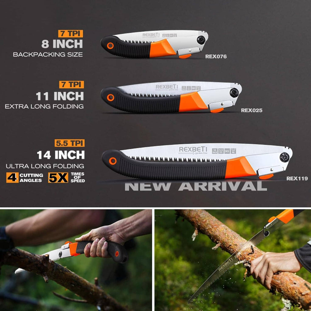 Three folding saw sizes shown with different TPI blades and orange-and-black handles