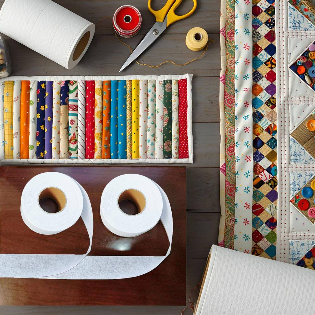 White fusible batting tape rolls on display for quilting projects