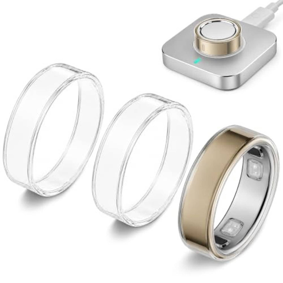Three clear ring covers and one covered Oura ring, transparent protective sleeves