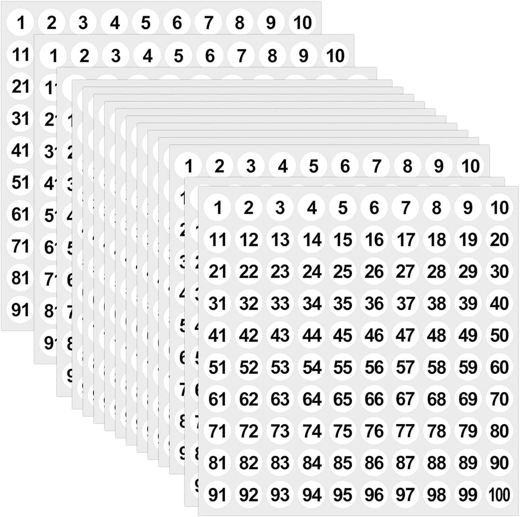 Vinyl consecutive number sticker sheets, visible grid of white labels numbered 1–100