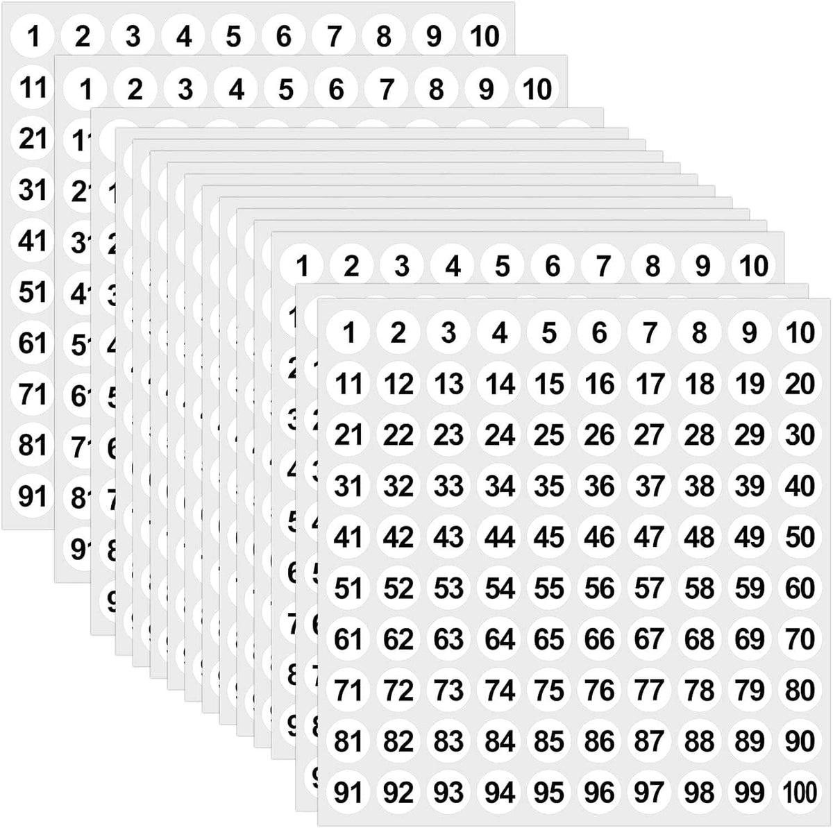 Vinyl consecutive number sticker sheets, visible grid of white labels numbered 1–100