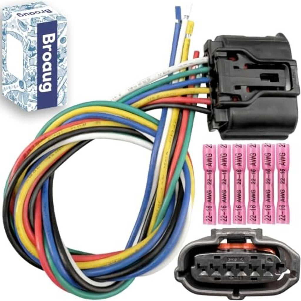 6-pin wiring connector pigtail with black housing, multicolor wires, and open terminal plug