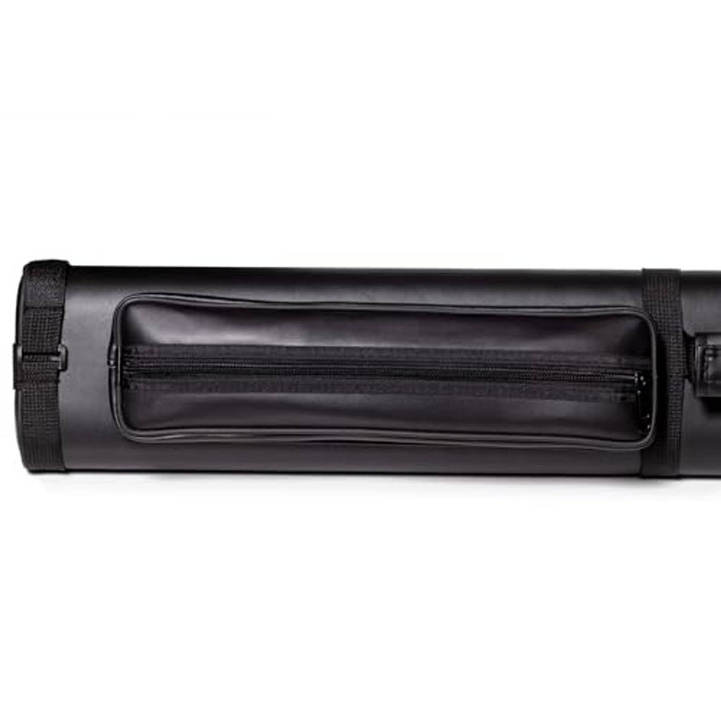 Black vinyl cue case with long zip pocket panel and shoulder strap webbing.