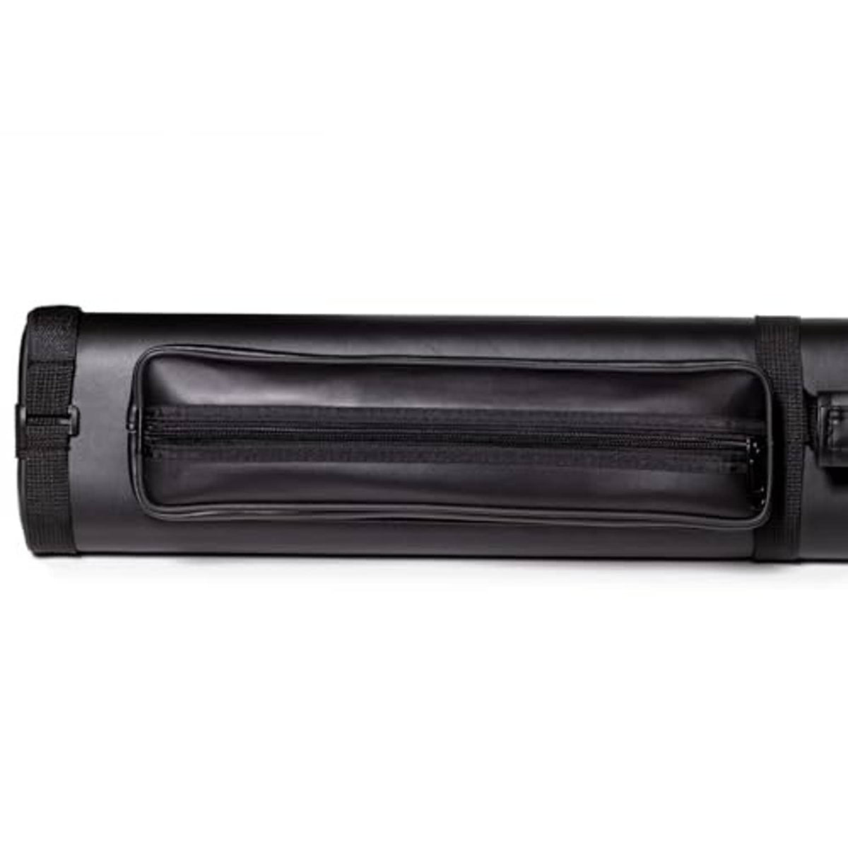 Black vinyl cue case with long zip pocket panel and shoulder strap webbing.