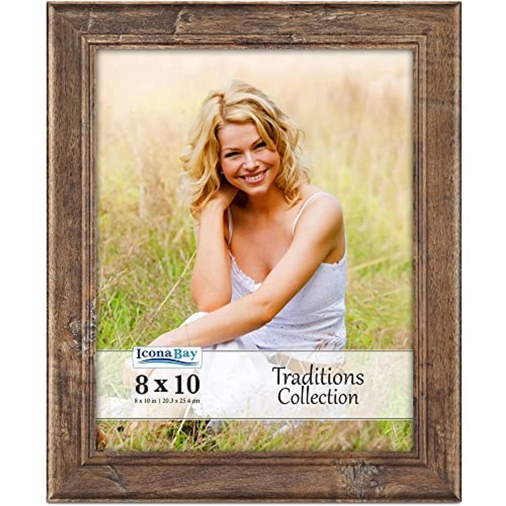 8x10 rustic wood picture frame in chestnut brown, centered front view with glass opening
