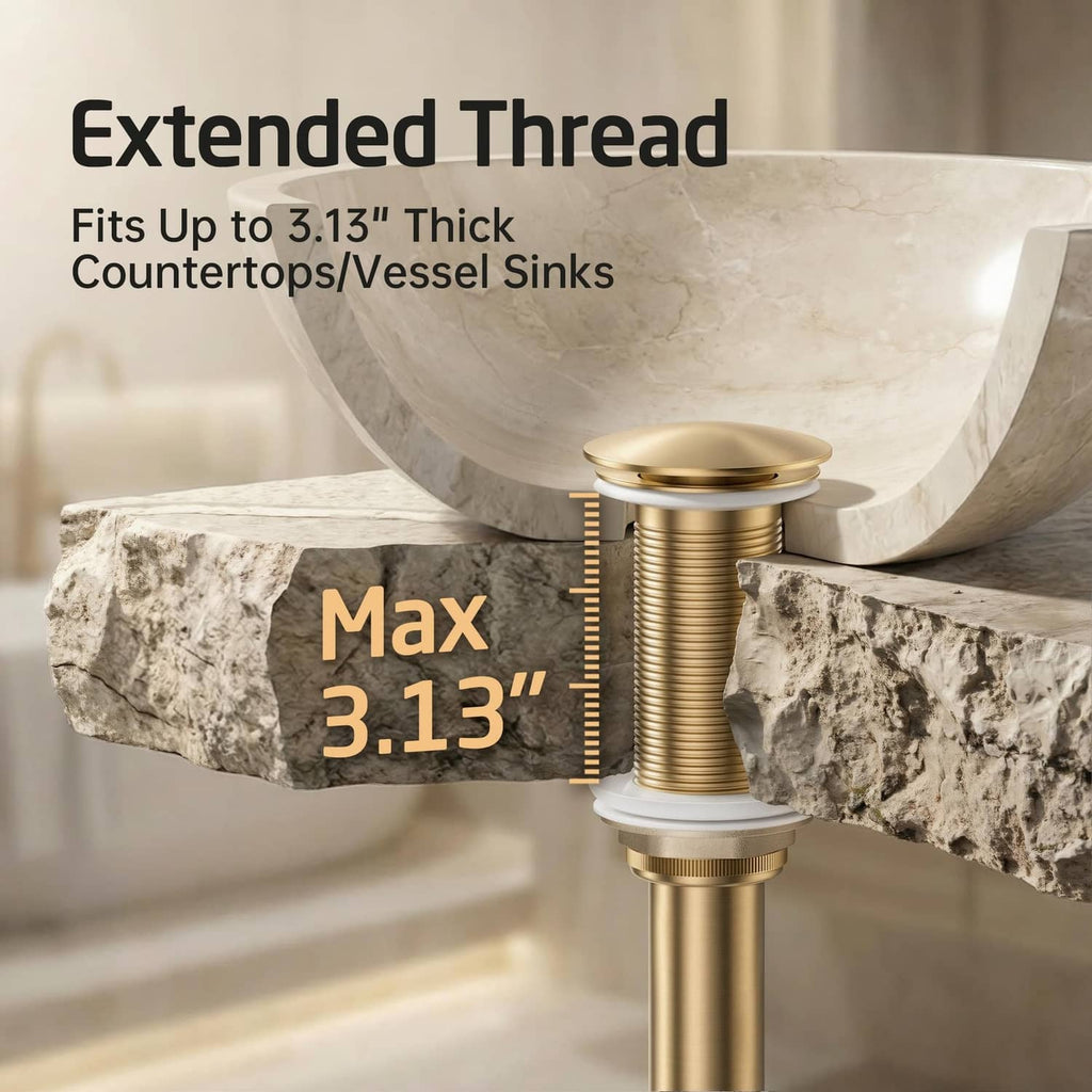 Brushed gold pop-up drain with extended thread, max 3.13 in thick countertop/vessel sink