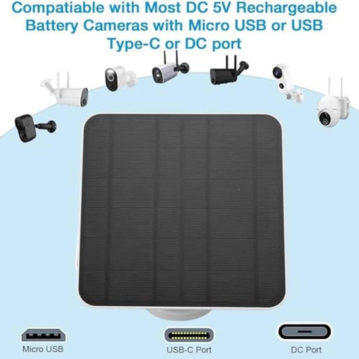 Black solar panel with multiple charging cable connections for 5V battery cameras