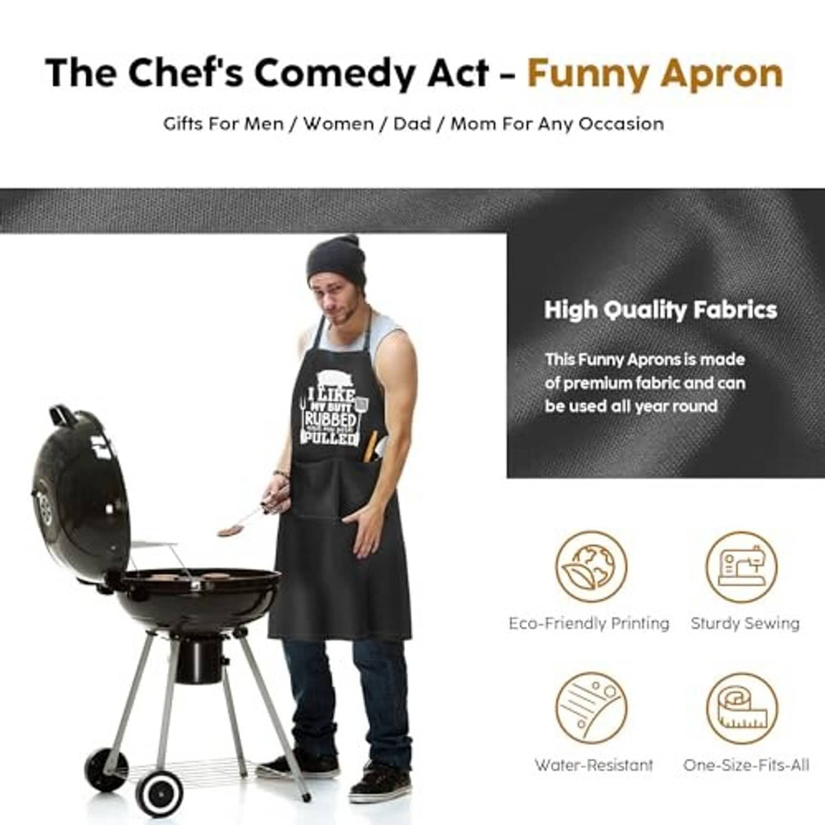 Black novelty apron worn by a chef, front pouch and adjustable neck strap
