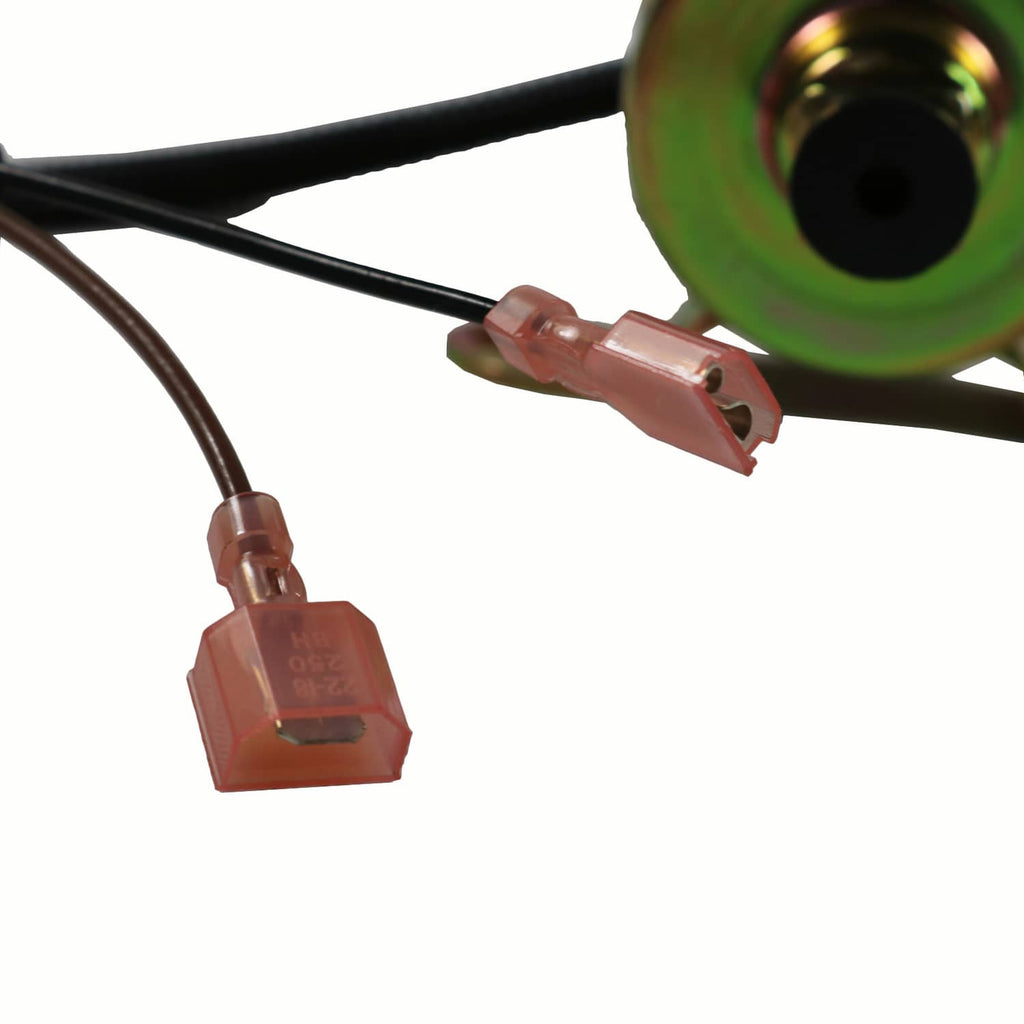 Electrical fuel pump with wiring harness and two brown plastic electrical connectors