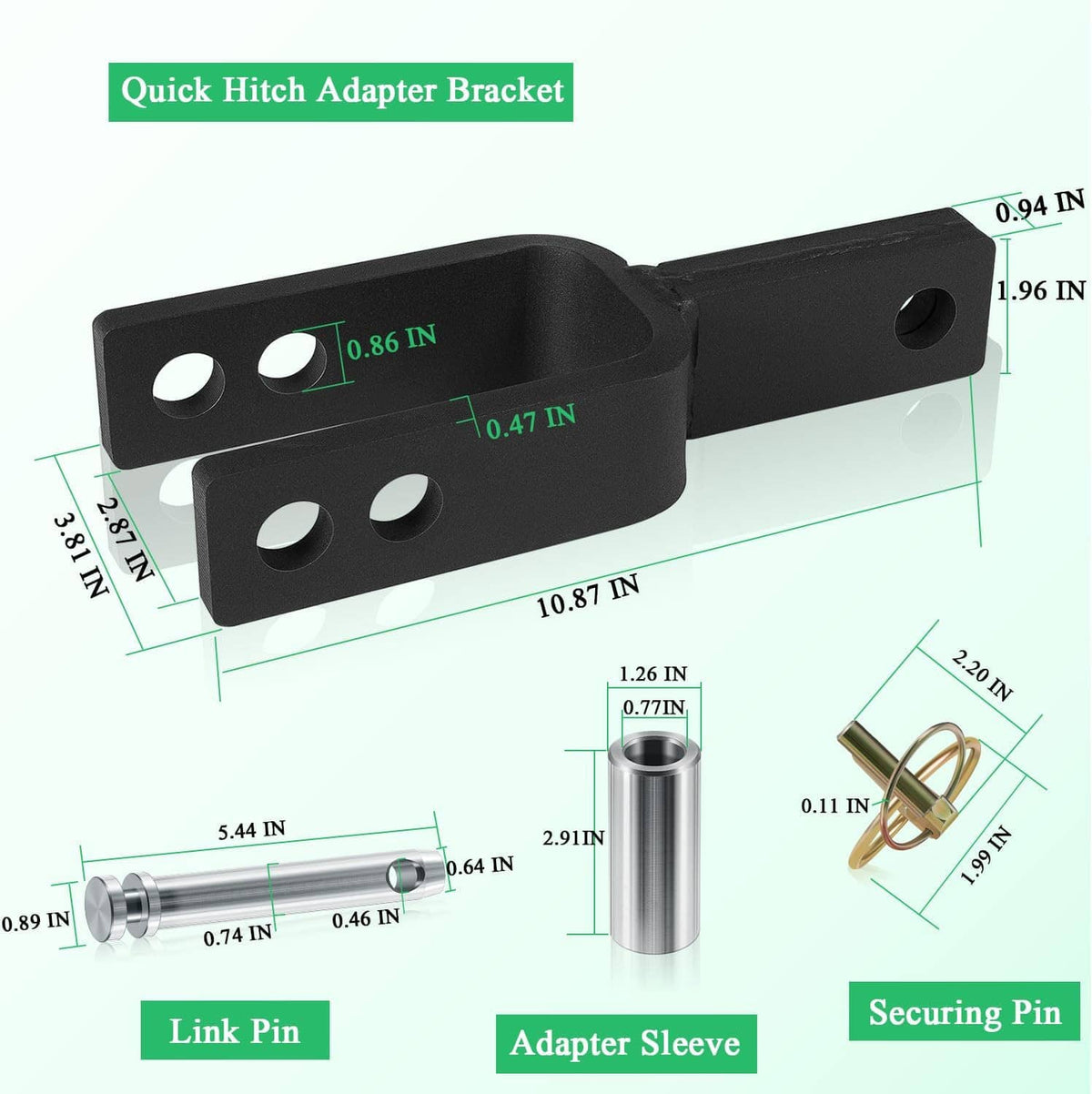 Quick hitch adapter bracket dimensions with adapter sleeve and securing pin