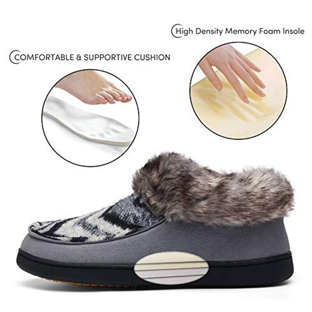 Grey zigzag moccasin house shoes with plush faux-fur collar and cushioned footbed.