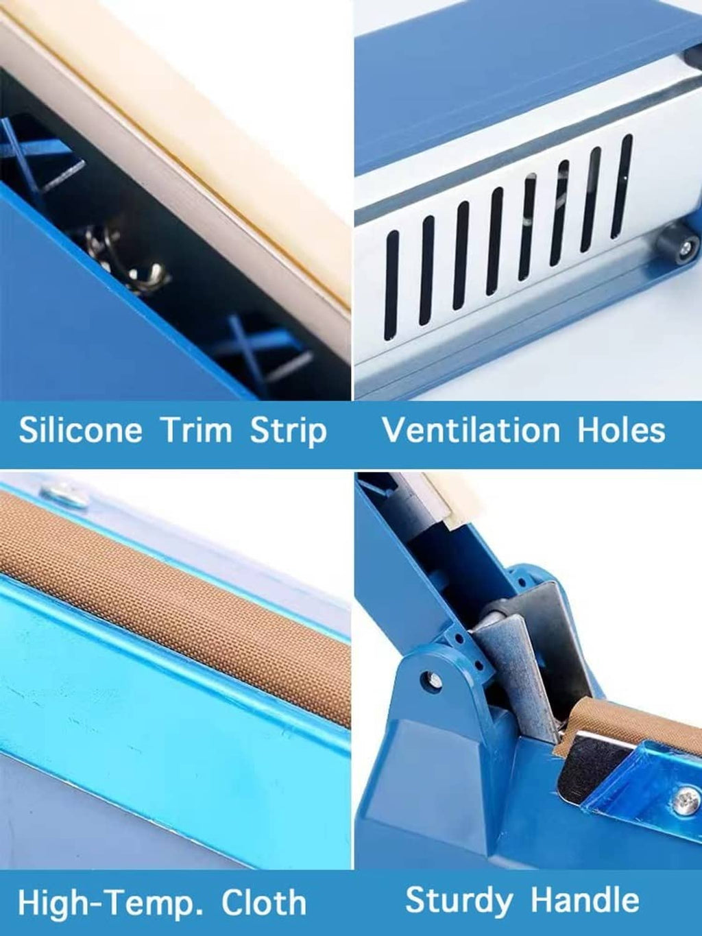Blue impulse heat sealer with silicone trim strip and ventilation holes