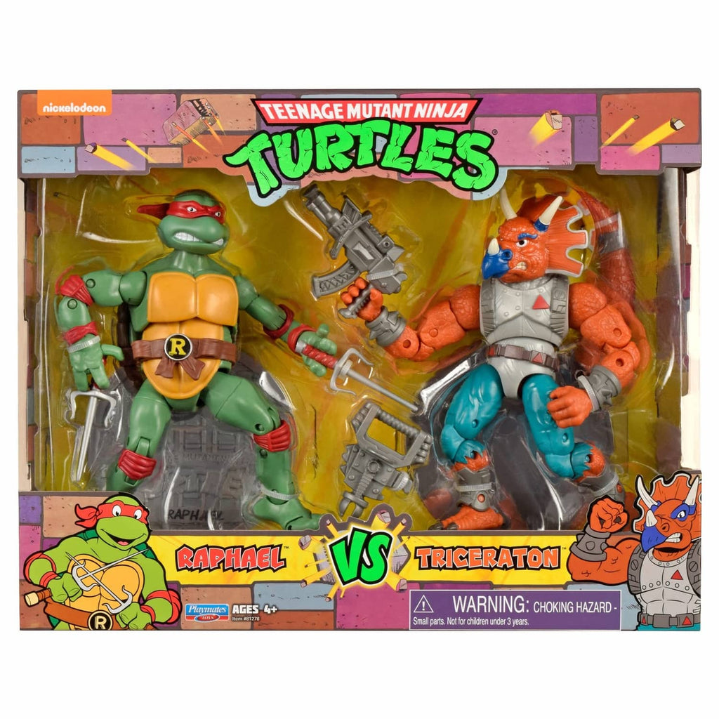 TMNT action figure 2-pack retail box showing green turtle and orange triceraton