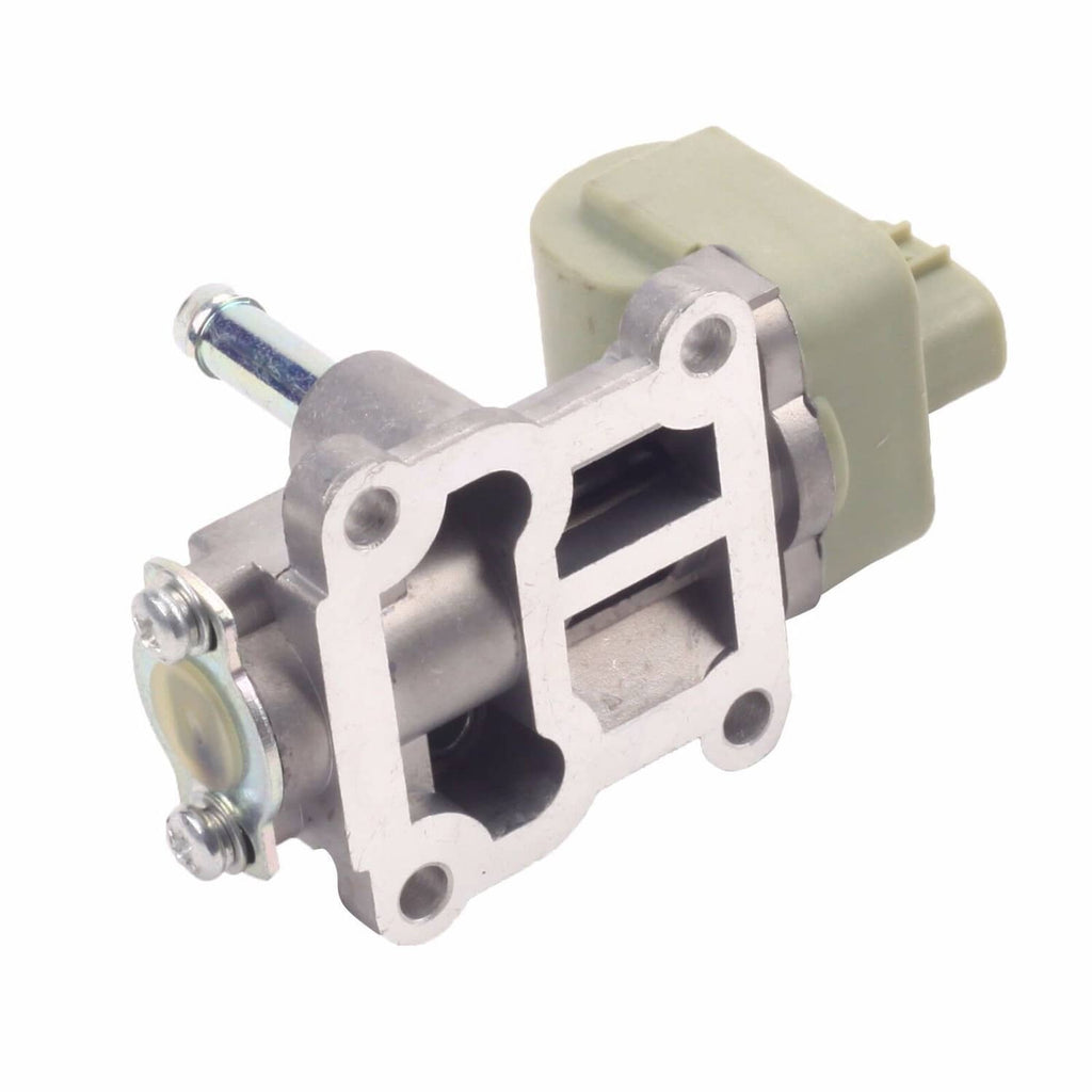 Idle air control valve with silver metal mounting flange and beige electrical plug