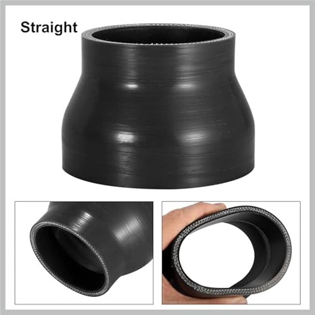 Black straight silicone reducer hose coupler, visible woven edge reinforcement