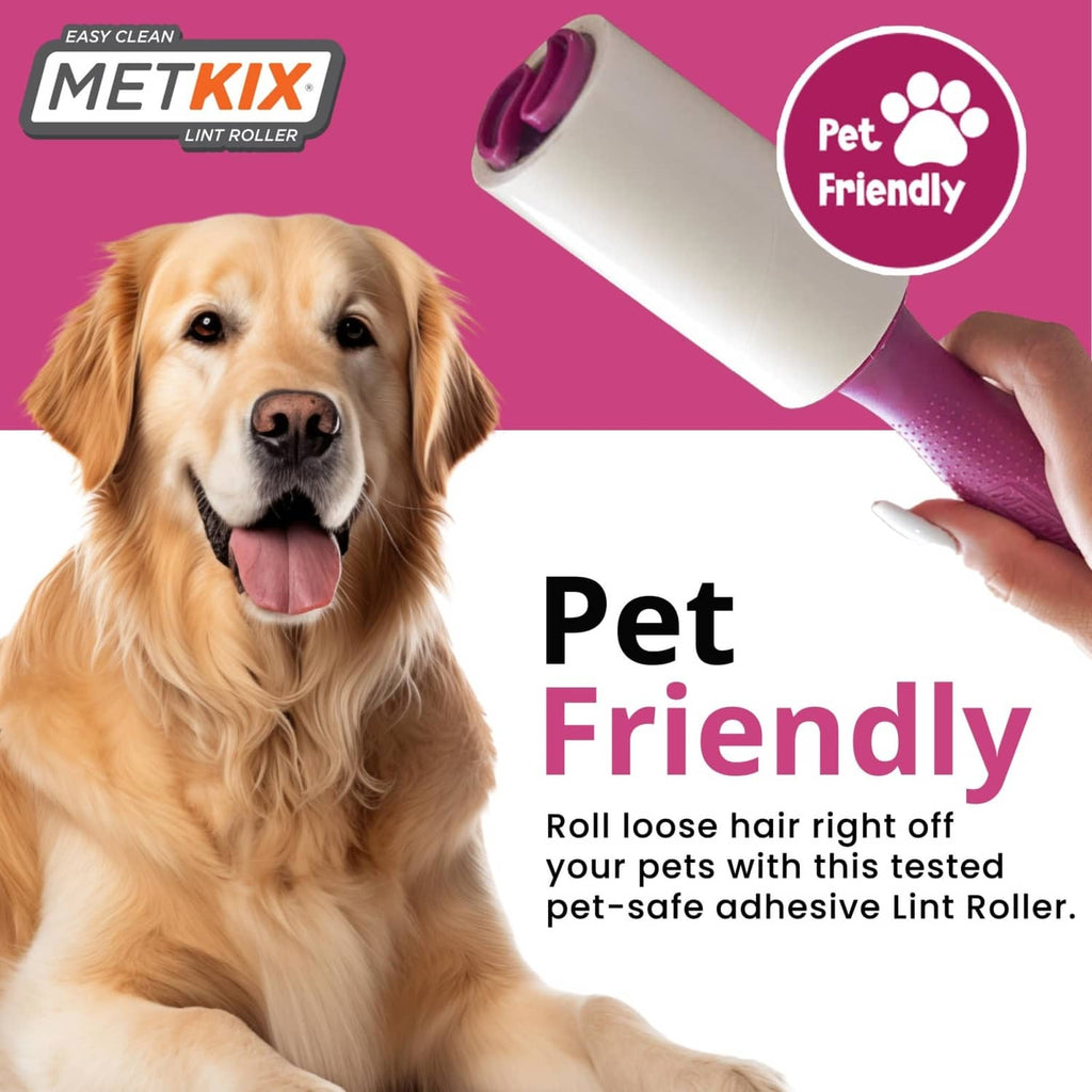 Pet-friendly pink Metkix lint roller refill rolling loose pet hair off surfaces