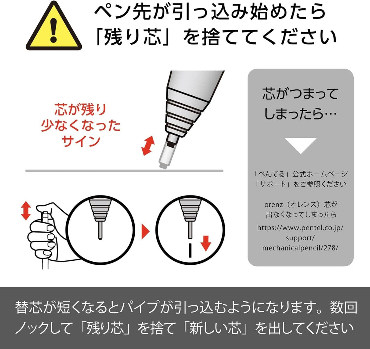 ORenz mechanical pencil warning graphic about retracting if the lead gets stuck