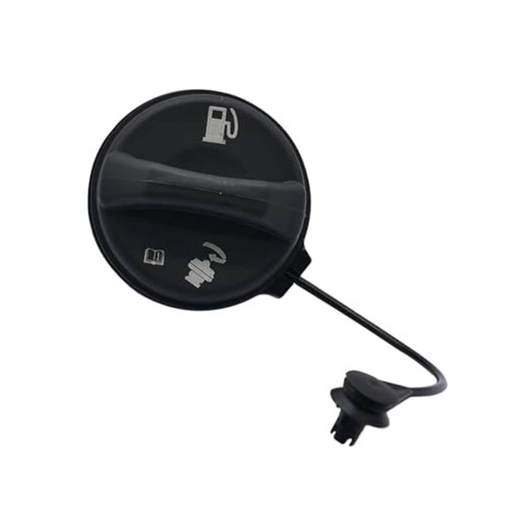 Black fuel tank filler cap with hose, raised icons, and side mounting clip