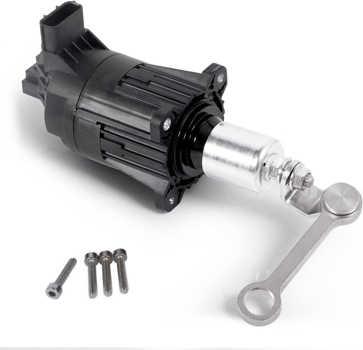 Turbo wastegate valve actuator solenoid with metal lever and black electrical connector