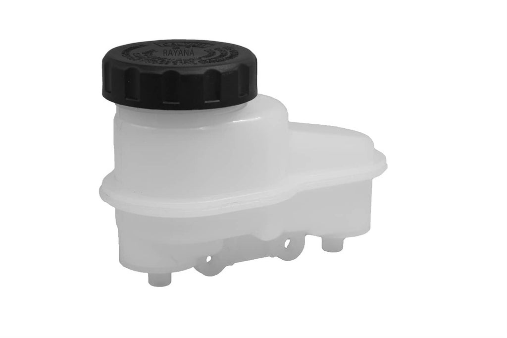 White brake master cylinder reservoir with black cap, front view