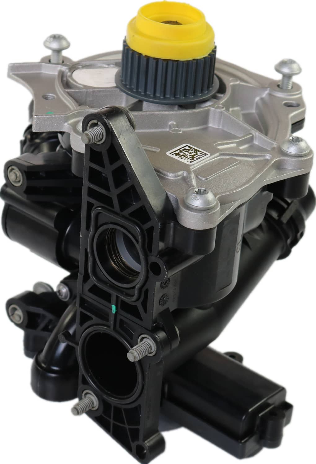 Water pump thermostat housing with yellow cap and side coolant fittings
