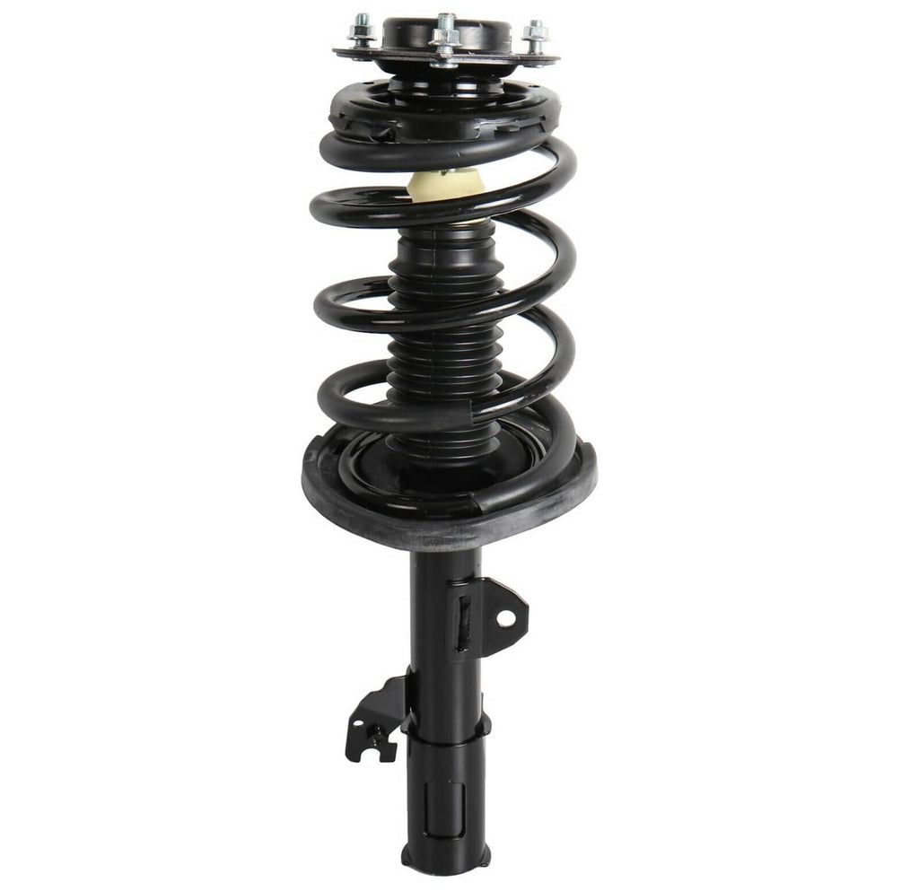Single shock strut assembly with black coil spring and metal mounting bracket, front view