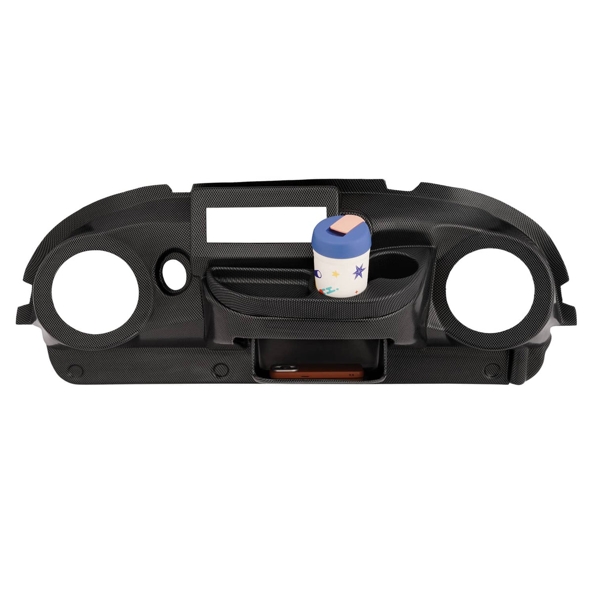 Golf cart radio dash cover with two round speaker cutouts, storage pocket, and center slot.