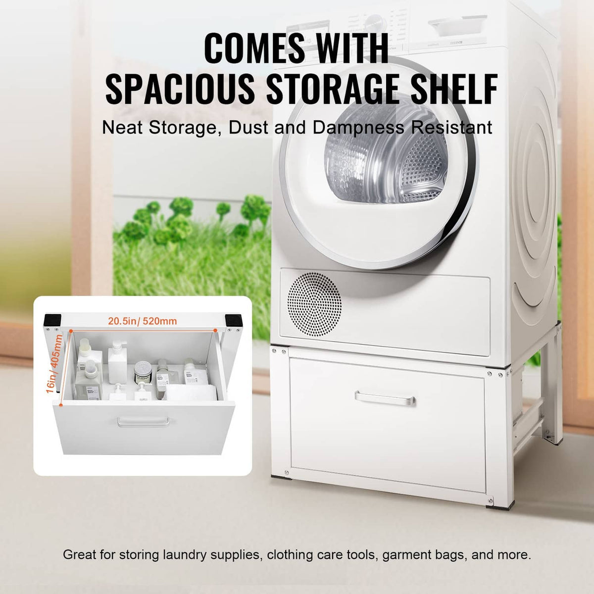 White washer dryer pedestal stand with spacious storage shelf and front storage drawer