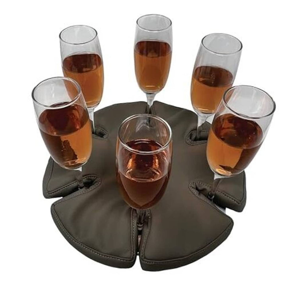 Gray leather wine glass holder with six stemless glass cups
